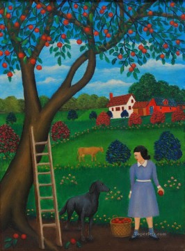 Dog Painting - cartoon dogs and woman at farm